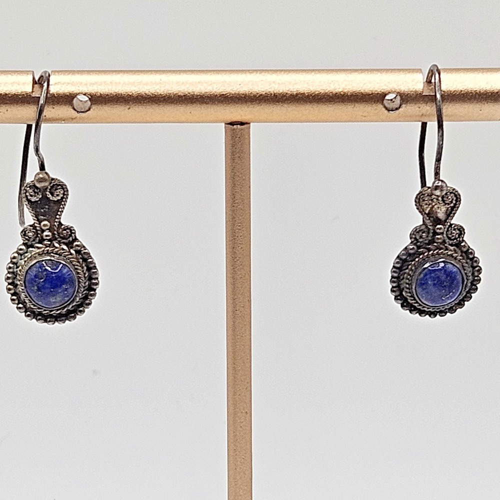 Sterling Silver Lapis Lazuli Earrings Drop Dangle Filagree Scroll Vintage